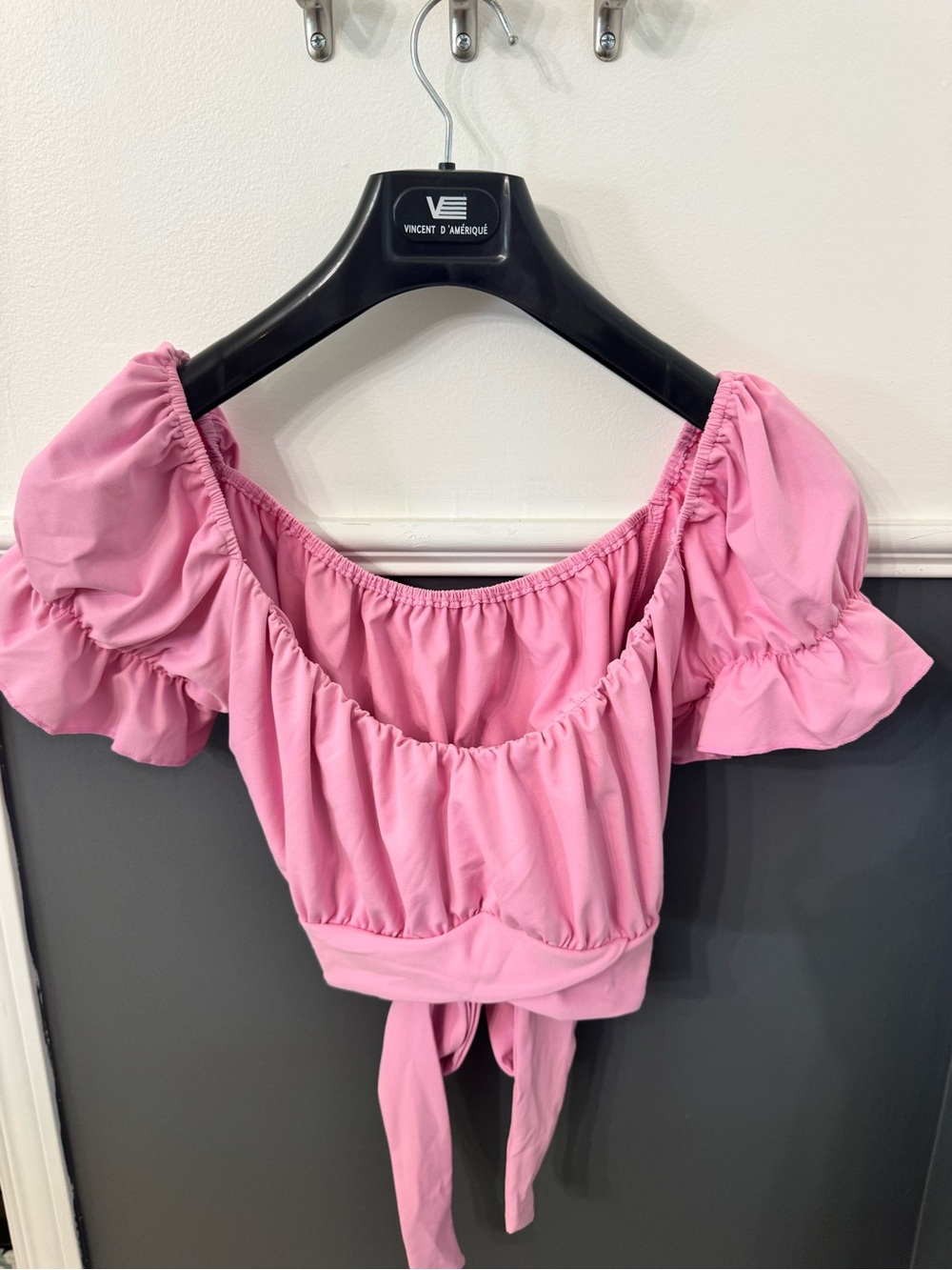 HALARA Pink Off-Shoulder Puff Sleeve Tie-Back Crop Top